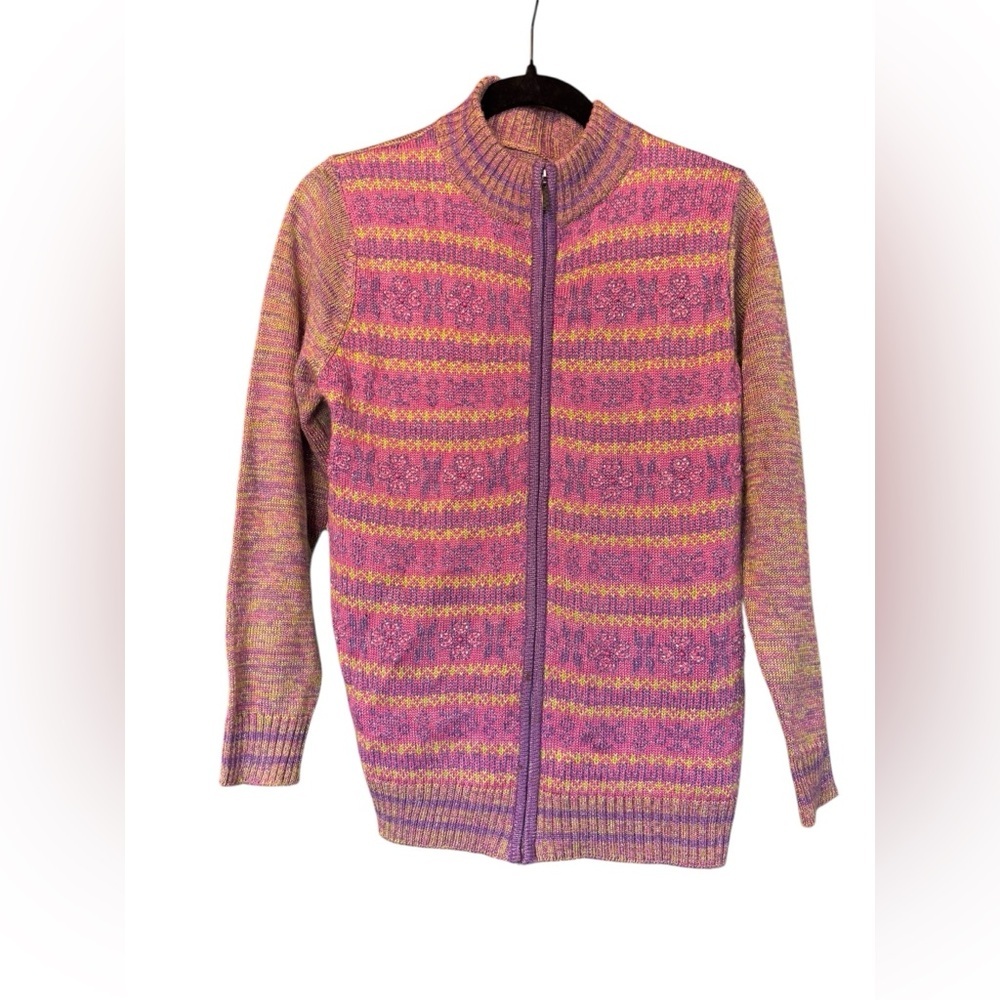 Vintage Pink Purple Lime Green Beaded Pattern Floral Zip Up Sweater Size Med